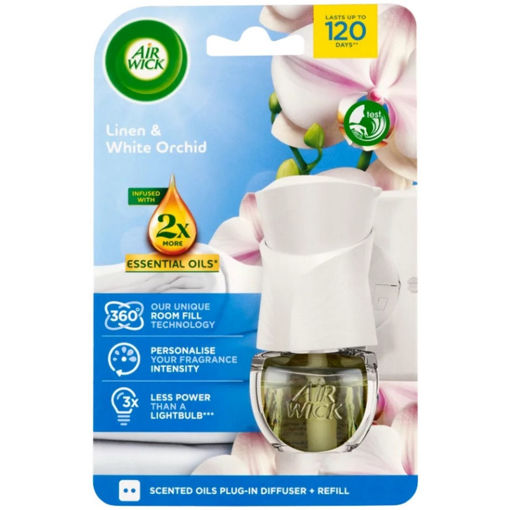 Obrázek z Air Wick Essential Oils Linen & White Orchid elektrický osvěžovač vzduchu komplet 19 ml 
